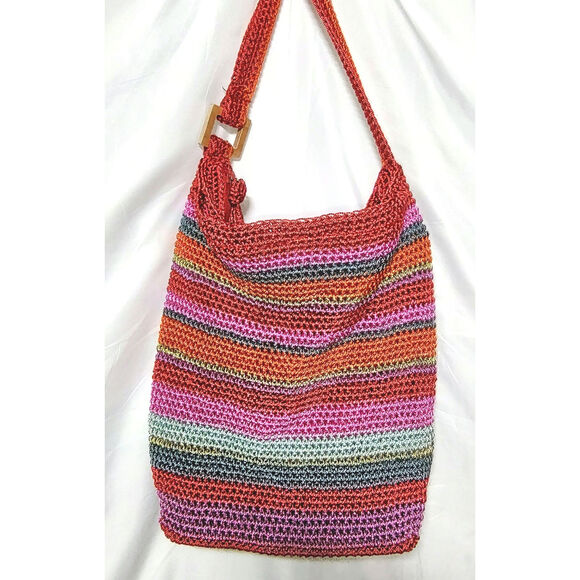 Liz Claiborne - Red & Pink Multi-Color Stripe Crochet Shoulder Bag, Boho Purse - Picture 2 of 11